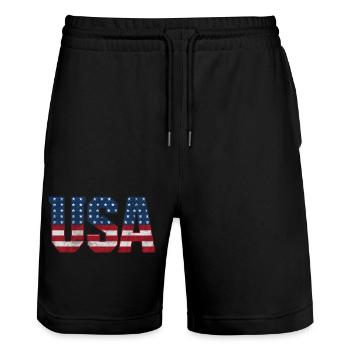 Tee Shirt USA - Lettres Drapeau Américain - Short de jogging bio TRAINER Stanley/Stella unisexe - noir - Devant - Nik (191cm) & Marisol (170cm)