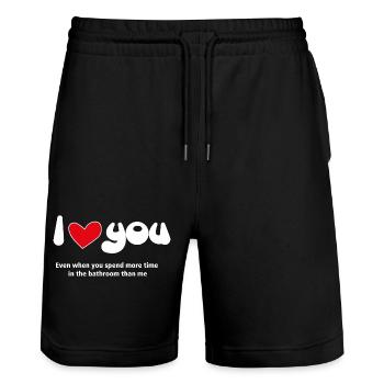 Je t’aime - Citations amusantes Couples NOUVEAU 28 - Short de jogging bio TRAINER Stanley/Stella unisexe - noir - Devant - Nik (191cm) & Marisol (170cm)