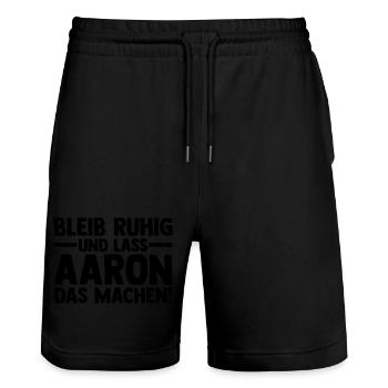 First name Aaron - Stanley/Stella Trainer Unisex Organic Jogging Shorts - black - Front - Nik (191cm) & Marisol (170cm)