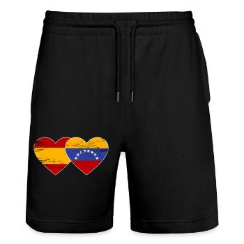 Spain Venezuela flag heart used - Stanley/Stella Trainer Unisex Organic Jogging Shorts - black - Front - Nik (191cm) & Marisol (170cm)
