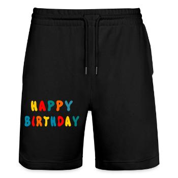 anniversary. HAPPY BIRTHDAY. Happy birthday. - Stanley/Stella Trainer Unisex Organic Jogging Shorts - black - Front - Nik (191cm) & Marisol (170cm)