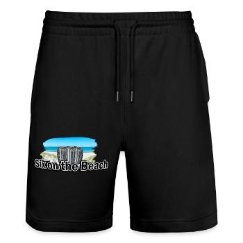 Six on the Beach Wortspiel Sex Party Bier Sixpack - Stanley/Stella Unisex Bio Joggingshorts Trainer  - Schwarz - Vorne - Nik (191cm) & Marisol (170cm)