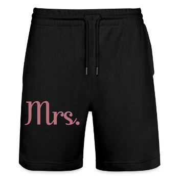 Mrs. Matching Paar Verlobung Hochzeit Flitterwochen - Stanley/Stella Unisex Bio Joggingshorts Trainer  - Schwarz - Vorne - Nik (191cm) & Marisol (170cm)