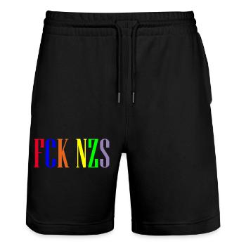 FCK NZS - Stanley/Stella Trainer Unisex Organic Jogging Shorts - black - Front - Nik (191cm) & Marisol (170cm)