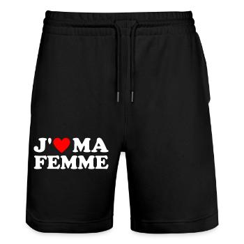 J' aime ma femme cadeau homme marié coeur rouge - Short de jogging bio TRAINER Stanley/Stella unisexe - noir - Devant - Nik (191cm) & Marisol (170cm)