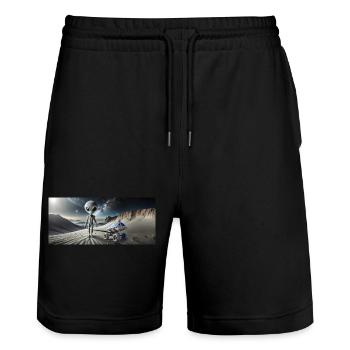 Grauer Außerirdischer auf der Mondoberfläche – Küssendes Paar - Stanley/Stella Unisex Bio Joggingshorts Trainer  - Schwarz - Vorne - Nik (191cm) & Marisol (170cm)