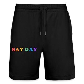 SAY GAY rainbow pride - Stanley/Stella Trainer Unisex Organic Jogging Shorts - black - Front - Nik (191cm) & Marisol (170cm)