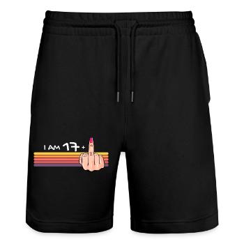 Ich bin 17 + 1 Mittelfinger-Shirt Ich bin 17 plus, - Stanley/Stella Unisex Bio Joggingshorts Trainer  - Schwarz - Vorne - Nik (191cm) & Marisol (170cm)