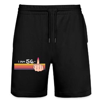 Ich bin 56 + 1 Mittelfinger-Shirt Ich bin 56 plus, - Stanley/Stella Unisex Bio Joggingshorts Trainer  - Schwarz - Vorne - Nik (191cm) & Marisol (170cm)