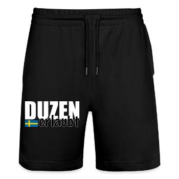 Duzen erlaubt Spruch Du Anrede Schweden Fahne - Stanley/Stella Unisex Bio Joggingshorts Trainer  - Schwarz - Vorne - Nik (191cm) & Marisol (170cm)