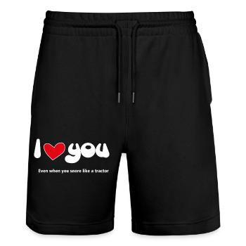 Je t’aime - Citations amusantes Couples NOUVEAU 22 - Short de jogging bio TRAINER Stanley/Stella unisexe - noir - Devant - Nik (191cm) & Marisol (170cm)