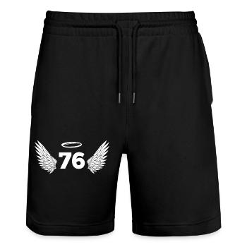 Nummer 76 Engel - Flügel zum 76. Geburtstag - Stanley/Stella Unisex Bio Joggingshorts Trainer  - Schwarz - Vorne - Nik (191cm) & Marisol (170cm)