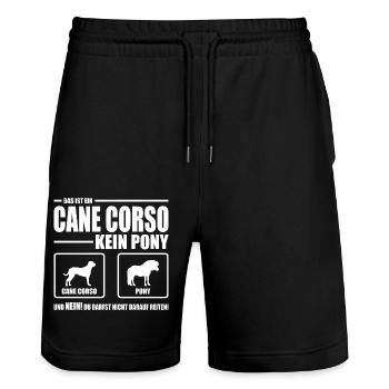 CANE CORSO kein Pony Hundespruch Wilsigns Hunde - Stanley/Stella Unisex Bio Joggingshorts Trainer  - Schwarz - Vorne - Nik (191cm) & Marisol (170cm)