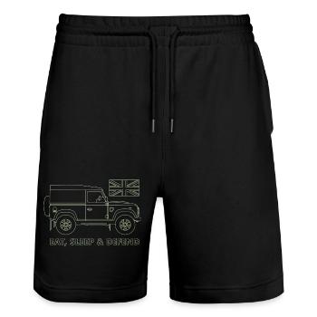 Eat, Sleep & Defend - Stanley/Stella Trainer Unisex Organic Jogging Shorts - black - Front - Nik (191cm) & Marisol (170cm)