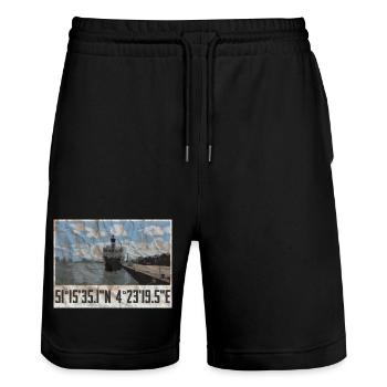 Antwerp port design with geocoordinates - Stanley/Stella Trainer Unisex Organic Jogging Shorts - black - Front - Nik (191cm) & Marisol (170cm)