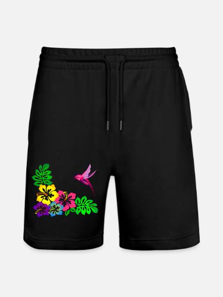 Tropical Hibiscus Motif Hummingbird - Stanley/Stella Trainer Unisex Organic Jogging Shorts - black