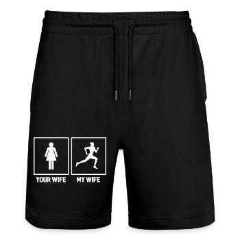 Running Wife - Votre femme, ma femme - Short de jogging bio TRAINER Stanley/Stella unisexe - noir - Devant - Nik (191cm) & Marisol (170cm)