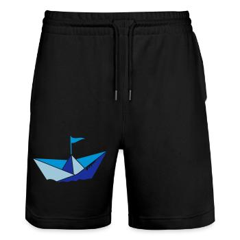 kleines Papierschiffchen im Wasser mit Flagge - Stanley/Stella Unisex Bio Joggingshorts Trainer  - Schwarz - Vorne - Nik (191cm) & Marisol (170cm)