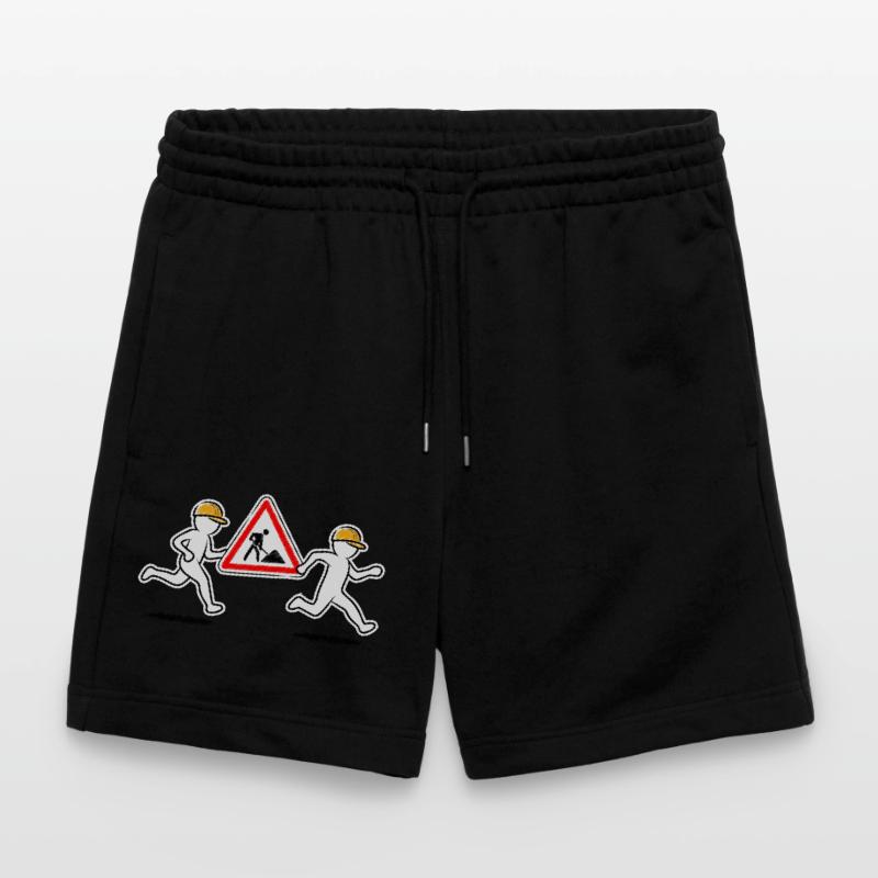 Two construction workers carry a construction site sign Stanley/Stella Trainer Unisex Organic Jogging Shorts