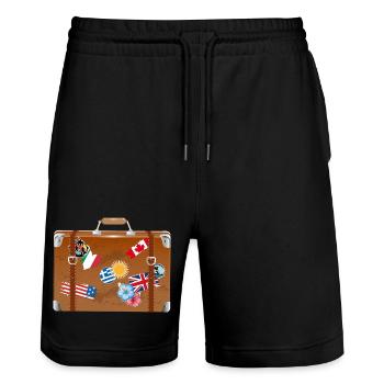 alter Reise Koffer mit Aufkleber diverser Länder - Stanley/Stella Unisex Bio Joggingshorts Trainer  - Schwarz - Vorne - Nik (191cm) & Marisol (170cm)