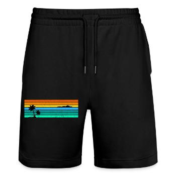 Retro-Sonnenuntergangsstreifen mit Palm Island - Stanley/Stella Unisex Bio Joggingshorts Trainer  - Schwarz - Vorne - Nik (191cm) & Marisol (170cm)