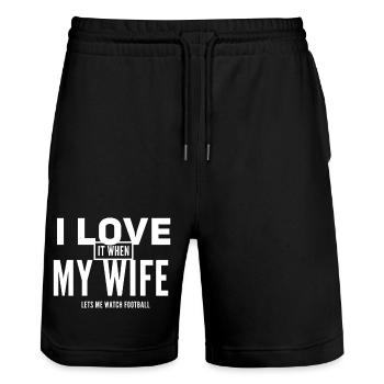I Love My Wife Football Design - Stanley/Stella Trainer Unisex Organic Jogging Shorts - black - Front - Nik (191cm) & Marisol (170cm)