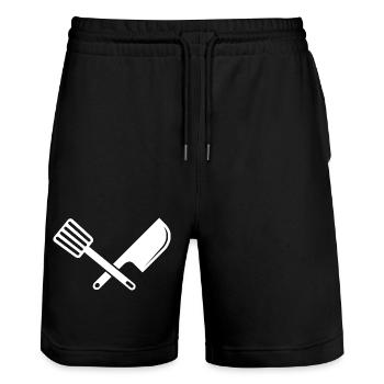 symbol besteck kochen Essen food Kock cook Logo - Stanley/Stella Unisex Bio Joggingshorts Trainer  - Schwarz - Vorne - Nik (191cm) & Marisol (170cm)