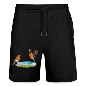 Vogeltränke mit zwei vergnügten Rotkehlchen - Stanley/Stella Unisex Bio Joggingshorts Trainer  - Schwarz - Vorne - Nik (191cm) & Marisol (170cm)