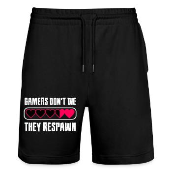 Gamers Don't Die They Respawn Saying - Stanley/Stella Trainer Unisex Organic Jogging Shorts - black - Front - Nik (191cm) & Marisol (170cm)