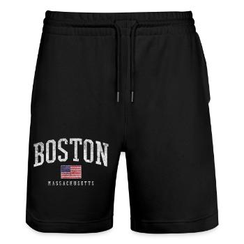 Boston Massachusetts Flag Graphic - Stanley/Stella Unisex Bio Joggingshorts Trainer  - Schwarz - Vorne - Nik (191cm) & Marisol (170cm)