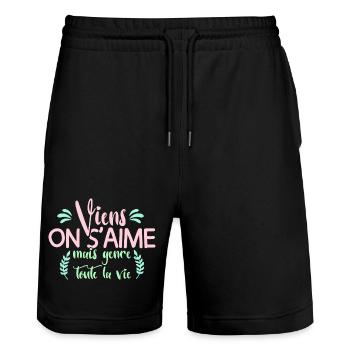 Viens on s'aime mais genre toute la vie mariage - Short de jogging bio TRAINER Stanley/Stella unisexe - noir - Devant - Nik (191cm) & Marisol (170cm)