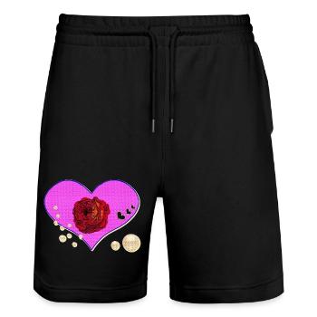 rosen design, Herzmuster Perlen - Stanley/Stella Unisex Bio Joggingshorts Trainer  - Schwarz - Vorne - Nik (191cm) & Marisol (170cm)