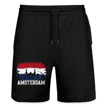 Amsterdam Skyline Flag Splash - Stanley/Stella Trainer Unisex Organic Jogging Shorts - black - Front - Nik (191cm) & Marisol (170cm)