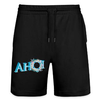 maritime sailor's greeting lettering Ahoi - Stanley/Stella Trainer Unisex Organic Jogging Shorts - black - Front - Nik (191cm) & Marisol (170cm)