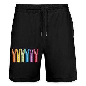 geöffnete Reißverschlüsse mit bunten Bänder - Stanley/Stella Unisex Bio Joggingshorts Trainer  - Schwarz - Vorne - Nik (191cm) & Marisol (170cm)