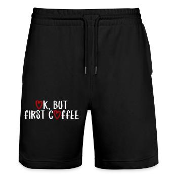 ok first coffee coffee saying font breakfast - Stanley/Stella Trainer Unisex Organic Jogging Shorts - black - Front - Nik (191cm) & Marisol (170cm)
