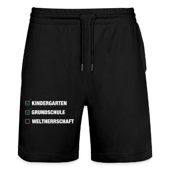 Einschulung | Schulkind 2026 - Weltherrschaft - Stanley/Stella Unisex Bio Joggingshorts Trainer  - Schwarz - Vorne - Nik (191cm) & Marisol (170cm)