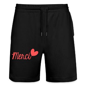 MERCI. THANKS. THANK YOU. ANNIVERSAIRE. NAISSANCE. - Short de jogging bio TRAINER Stanley/Stella unisexe - noir - Devant - Nik (191cm) & Marisol (170cm)