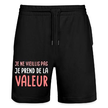 Je ne vieillis pas je prends de la valeur (blanc) - Short de jogging bio TRAINER Stanley/Stella unisexe - noir - Devant - Nik (191cm) & Marisol (170cm)
