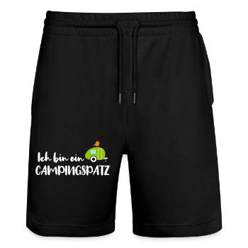 Camping Spatz Fan Camper Wohnwagen Caravan Urlaub - Stanley/Stella Unisex Bio Joggingshorts Trainer  - Schwarz - Vorne - Nik (191cm) & Marisol (170cm)