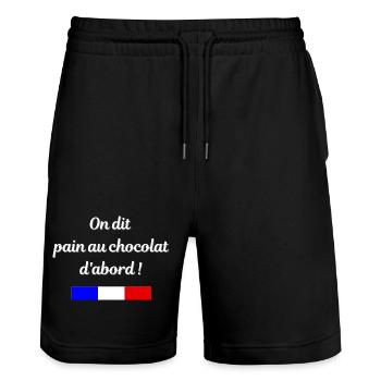 On dit pain au chocolat d'abord - Short de jogging bio TRAINER Stanley/Stella unisexe - noir - Devant - Nik (191cm) & Marisol (170cm)