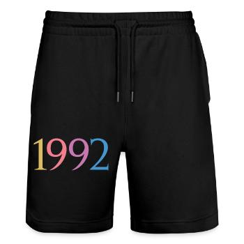 Année 1992, 30 ans, cadeau de 30e anniversaire - Short de jogging bio TRAINER Stanley/Stella unisexe - noir - Devant - Nik (191cm) & Marisol (170cm)