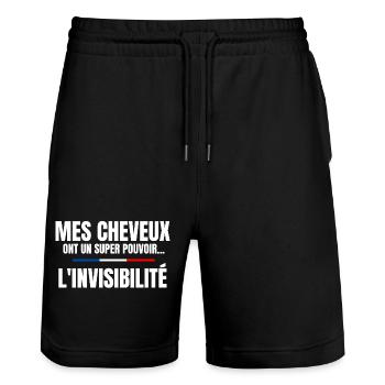 homme humour, cheveux, super pouvoir, chauve - Short de jogging bio TRAINER Stanley/Stella unisexe - noir - Devant - Nik (191cm) & Marisol (170cm)