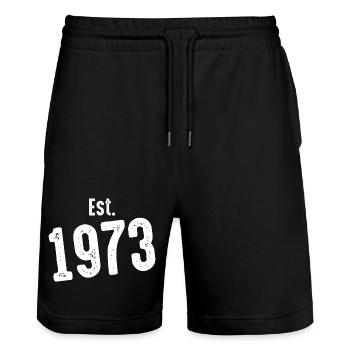 Est 1973 Vintage Distress - Stanley/Stella Trainer Unisex Organic Jogging Shorts - black - Front - Nik (191cm) & Marisol (170cm)
