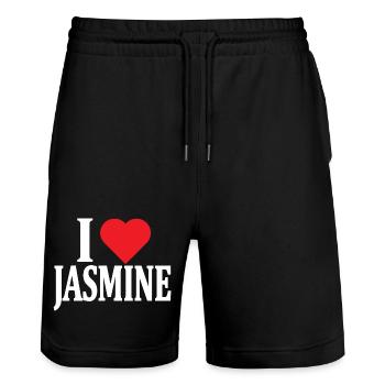 T-Shirt Ich liebe Jasmin T-Shirt Geschenkidee - Stanley/Stella Unisex Bio Joggingshorts Trainer  - Schwarz - Vorne - Nik (191cm) & Marisol (170cm)