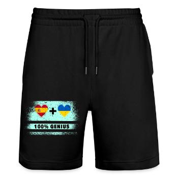 Spain and Ukraine flag 100% genius - Stanley/Stella Trainer Unisex Organic Jogging Shorts - black - Front - Nik (191cm) & Marisol (170cm)