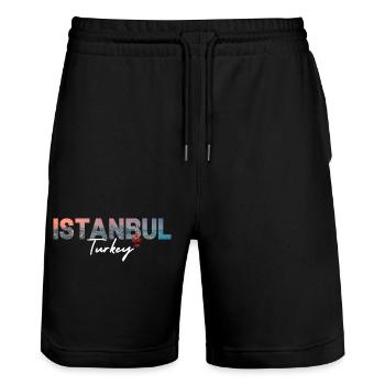 Istanbul Skyline Script Turkey - Stanley/Stella Trainer Unisex Organic Jogging Shorts - black - Front - Nik (191cm) & Marisol (170cm)