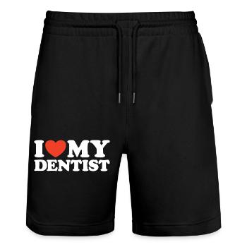 I love my Dentist Herz Shirt - Stanley/Stella Unisex Bio Joggingshorts Trainer  - Schwarz - Vorne - Nik (191cm) & Marisol (170cm)