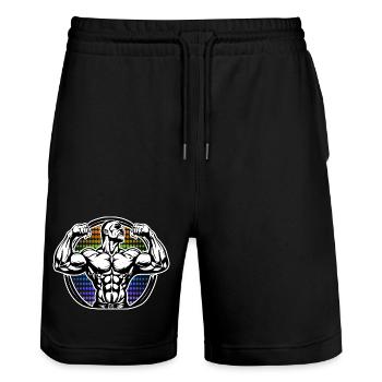 Power Figure in Rainbow Halos Bodybuilder - Stanley/Stella Trainer Unisex Organic Jogging Shorts - black - Front - Nik (191cm) & Marisol (170cm)