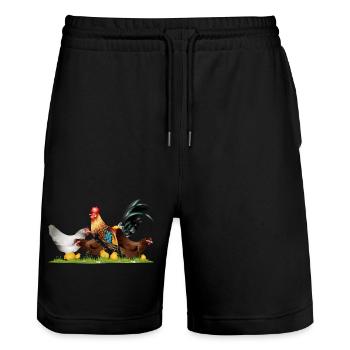 stately rooster with chickens on the chicken farm - Stanley/Stella Trainer Unisex Organic Jogging Shorts - black - Front - Nik (191cm) & Marisol (170cm)